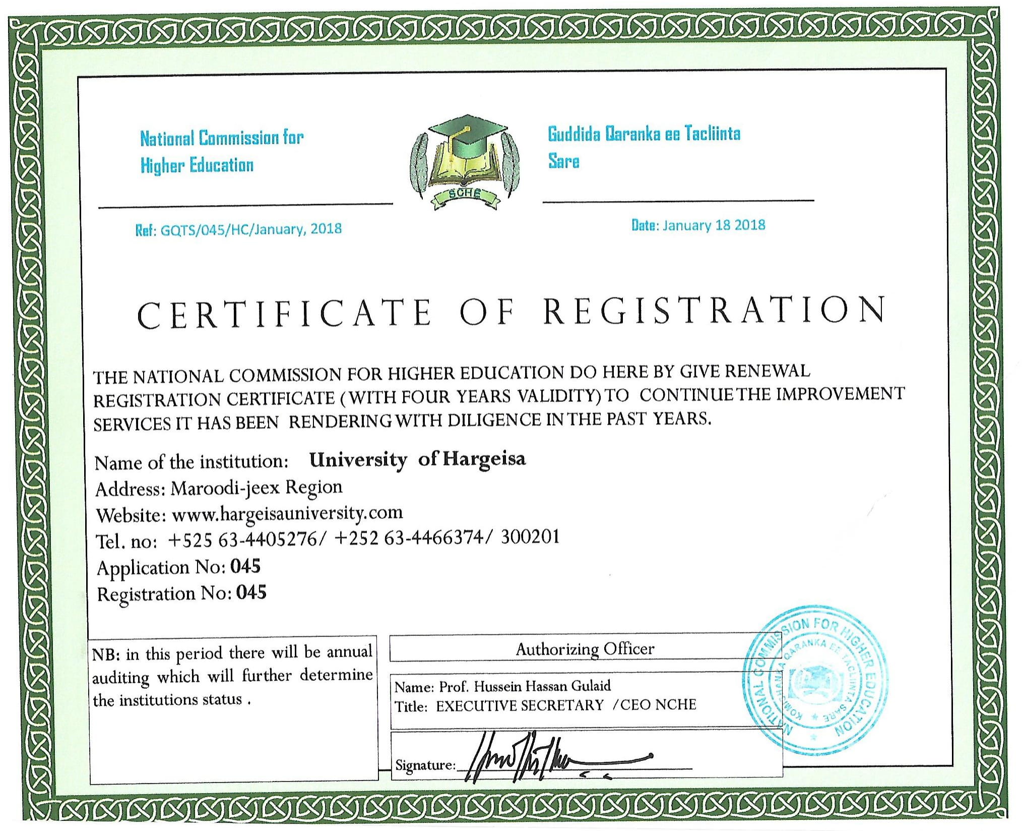 UOH Certificate Of Registration University Of Hargeisa